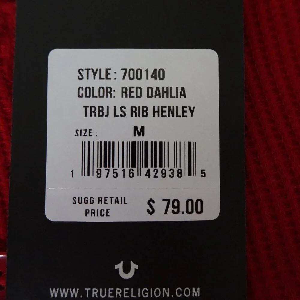 True Religion Henley Shirt Men's Size M Red Long Sleeve Waffle Logo Cotton